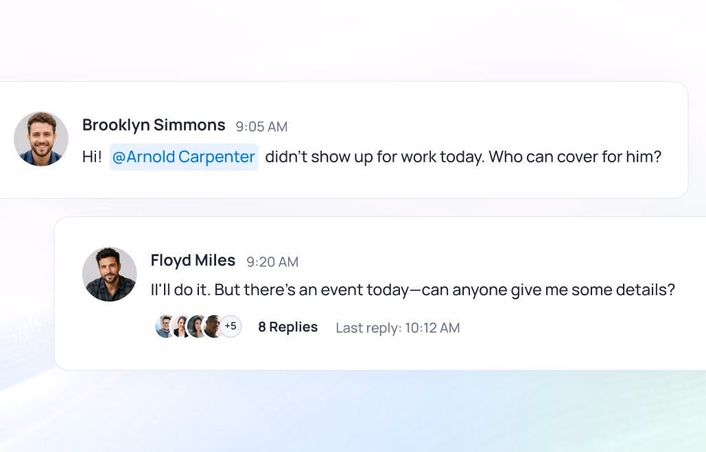Slack conversation with Brooklyn Simmons asking Arnold Carpenter to cover for no-show, Floyd Miles offering to help with event details