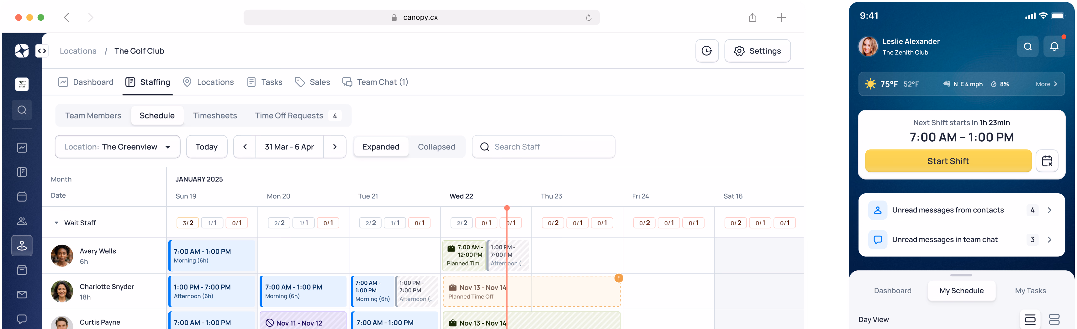 Canopy scheduling and team management dashboard with calendar view, employee profiles, and shift assignments displayed across desktop and mobile screens