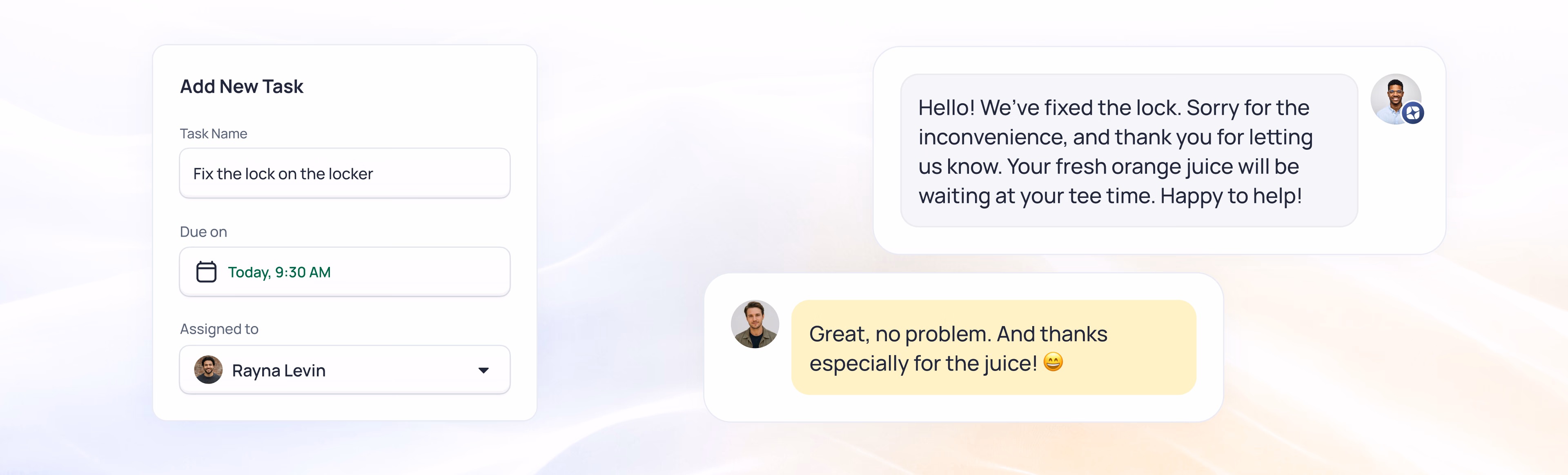 Task management interface showing a new task creation form with chat messages discussing a fixed door lock issue