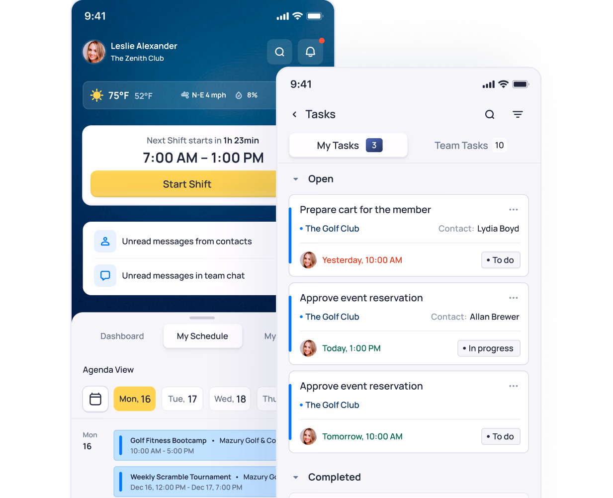 Mobile app interface showing task management with shift schedule, unread messages, and upcoming golf club events organized by status