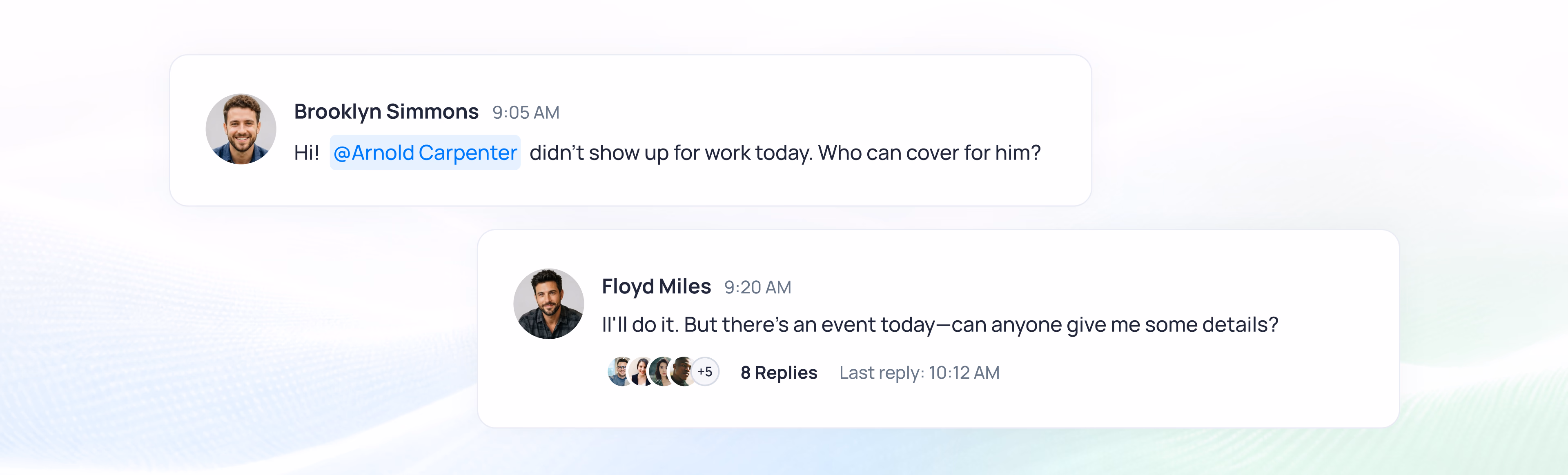 Slack conversation showing Brooklyn Simmons asking about a missing coworker and Floyd Miles responding about an event