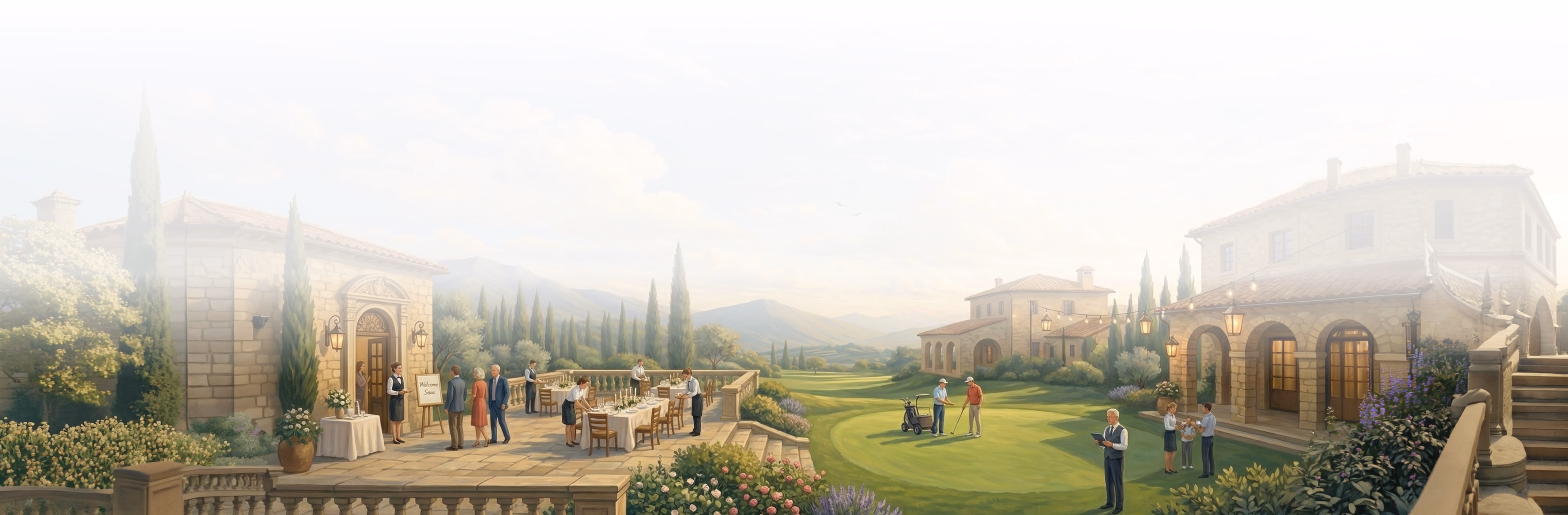 Architectural rendering of a sprawling estate with golden buildings, manicured grounds, cypress trees, and mountains in misty background