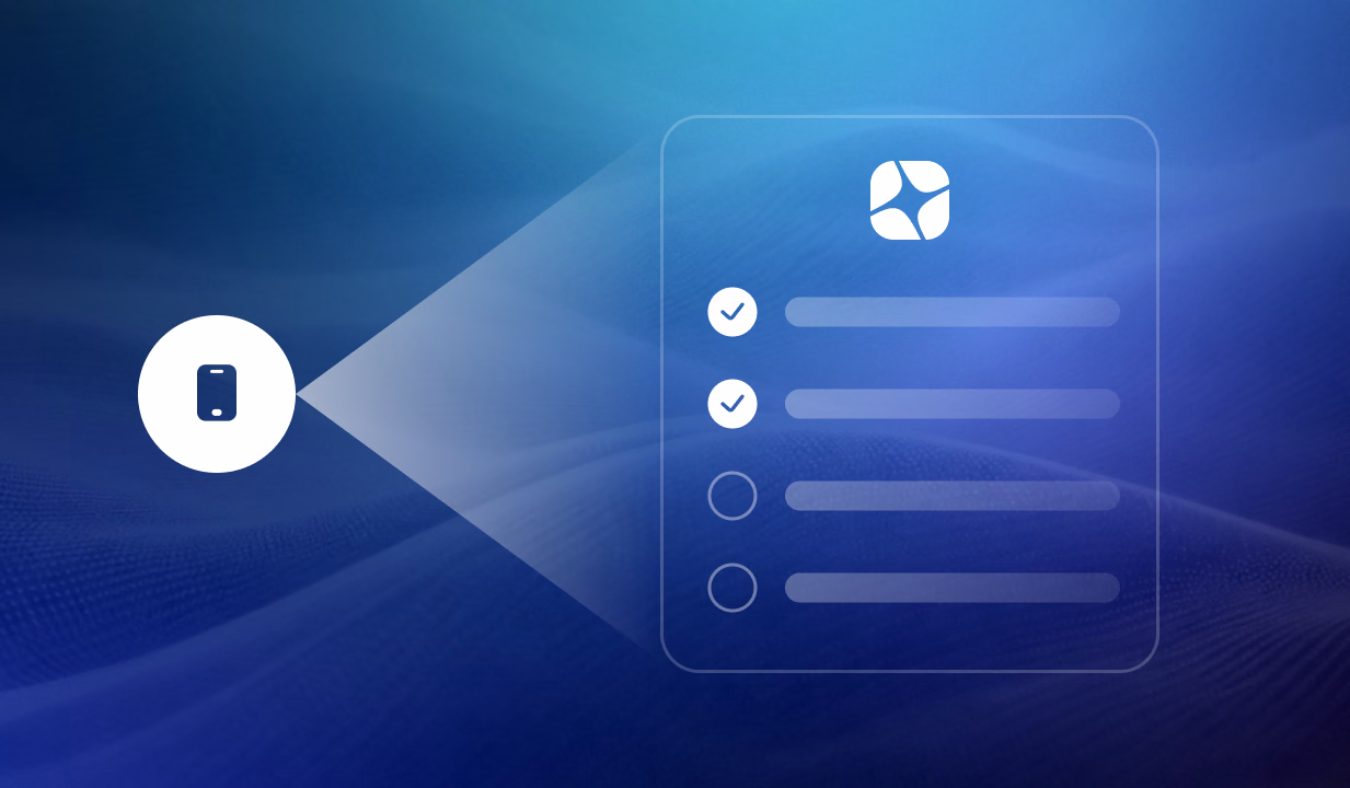 Mobile device icon connecting to a checklist interface with completed and pending tasks on a blue gradient background