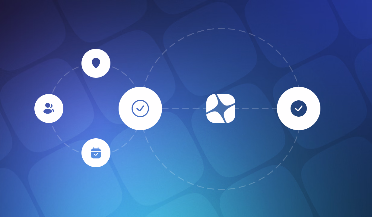 Network diagram with five connected icons representing users, checkmarks, and shield symbols on a blue gradient background