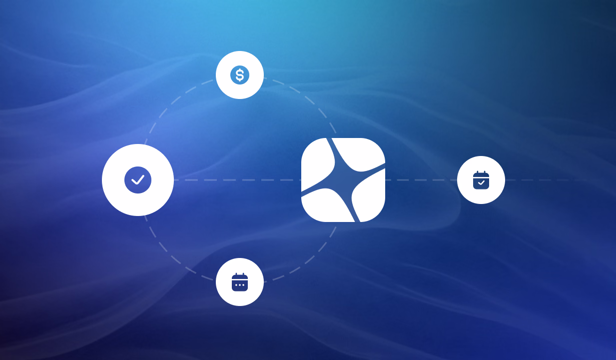 Four connected icons in circles around a central four-pointed star symbol on a blue digital background