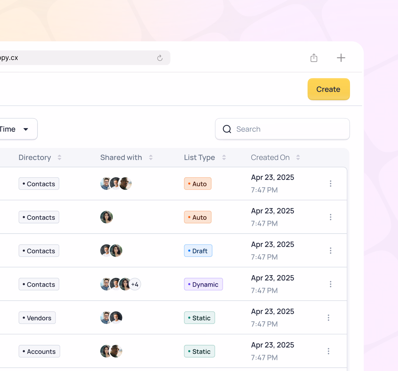 A list management interface showing contact directories with sharing options, list types, and creation dates from April 23, 2025
