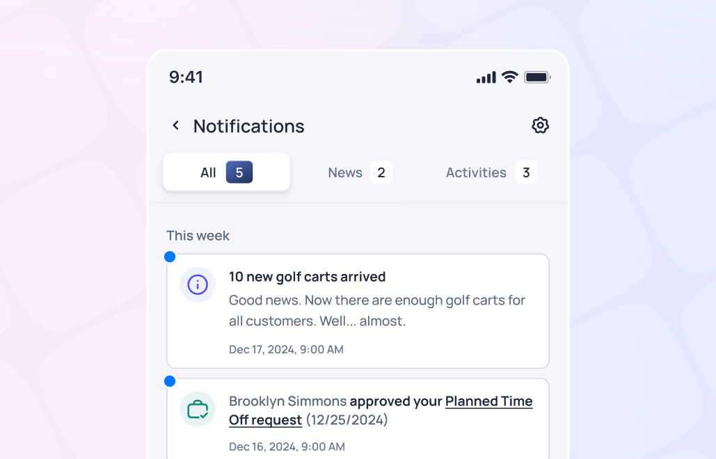 Mobile notifications screen showing 5 unread messages including golf cart arrival and time off request approval from Brooklyn Simmons
