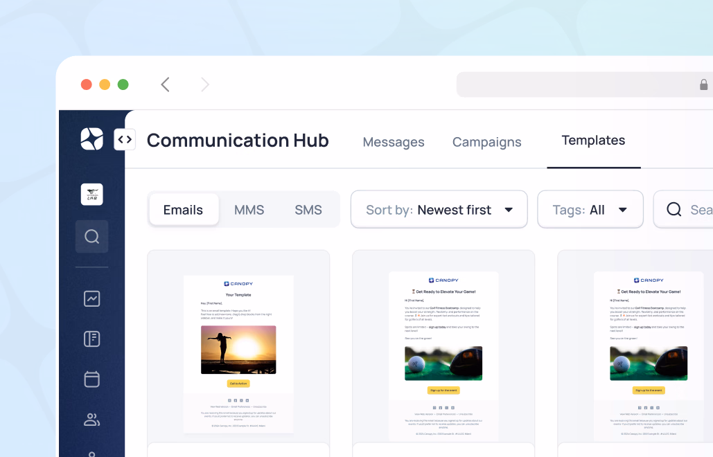 Communication Hub Templates section showing email template options with images and ratings, sorted by newest first