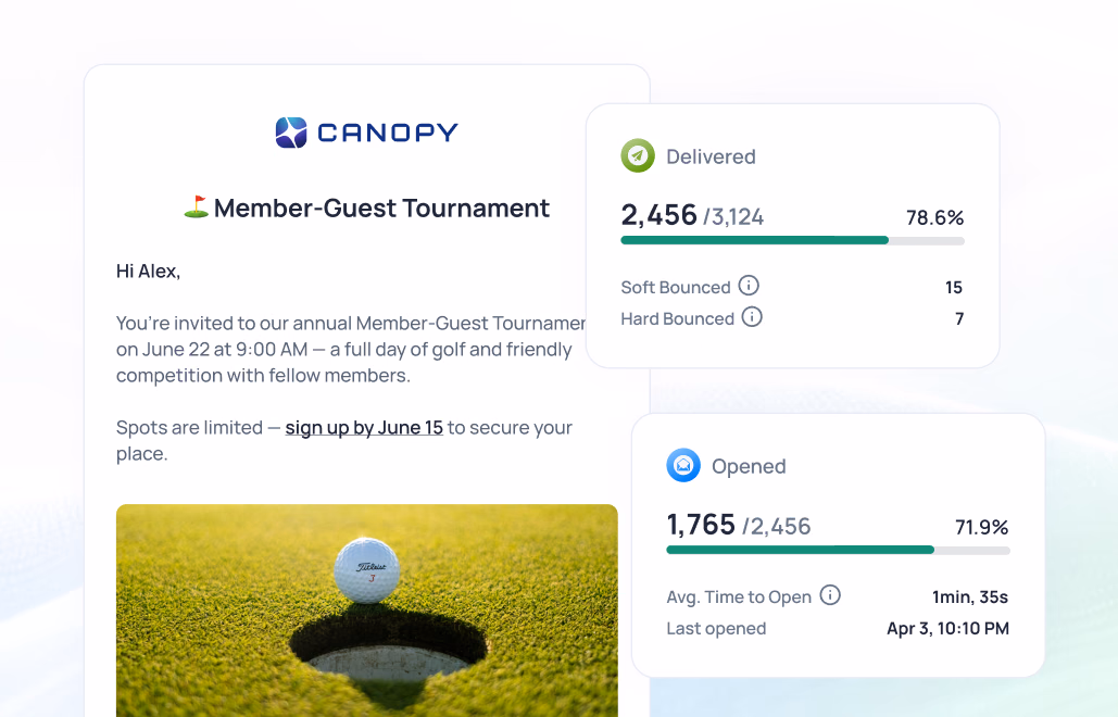 Canopy Member-Guest Tournament email invitation with golf ball in hole image and email engagement metrics showing 78.6% delivery rate