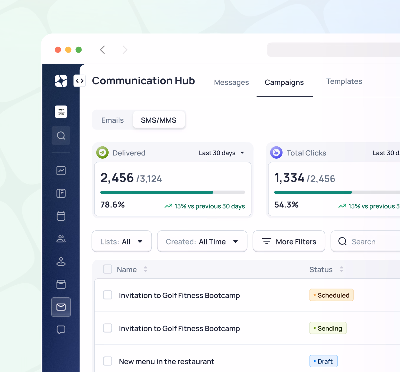 Communication Hub dashboard showing email campaign metrics with 2,456 delivered messages and 1,334 total clicks over the last 30 days