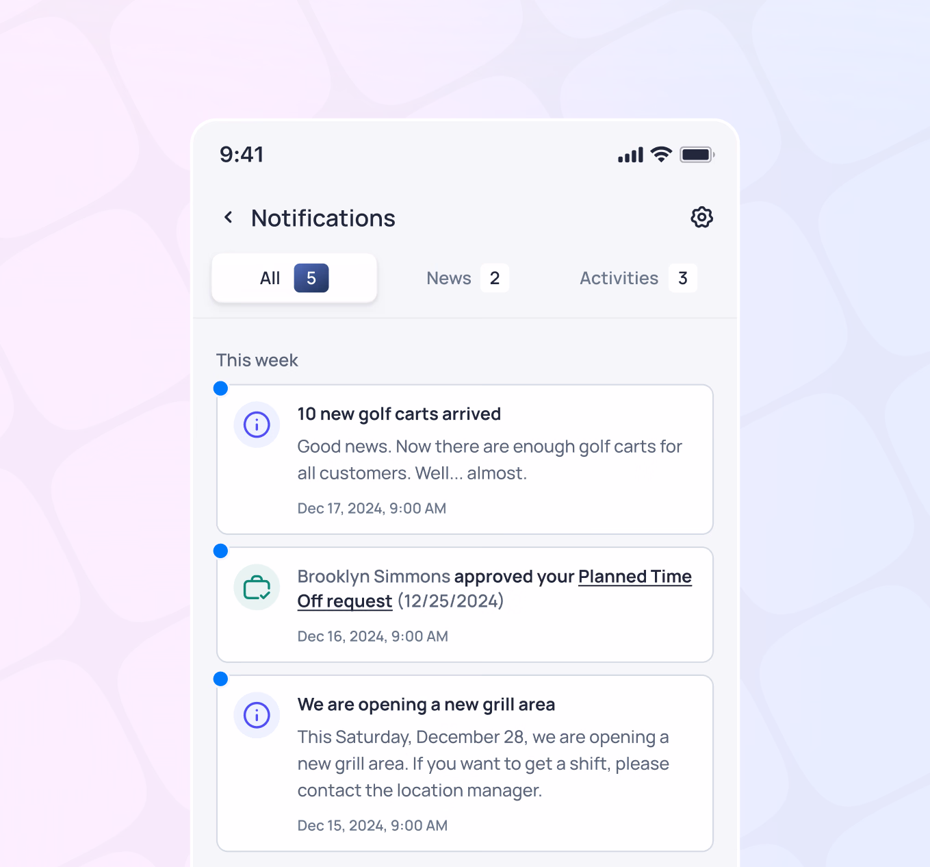 Notifications panel showing 5 unread messages including golf cart arrival, time off approval, and new grill area opening announcement