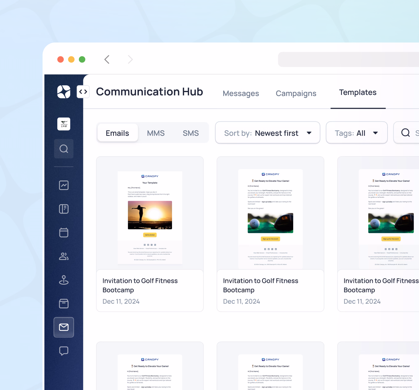 Communication Hub template library displaying email invitation cards for Golf Fitness Bootcamp sorted by newest first