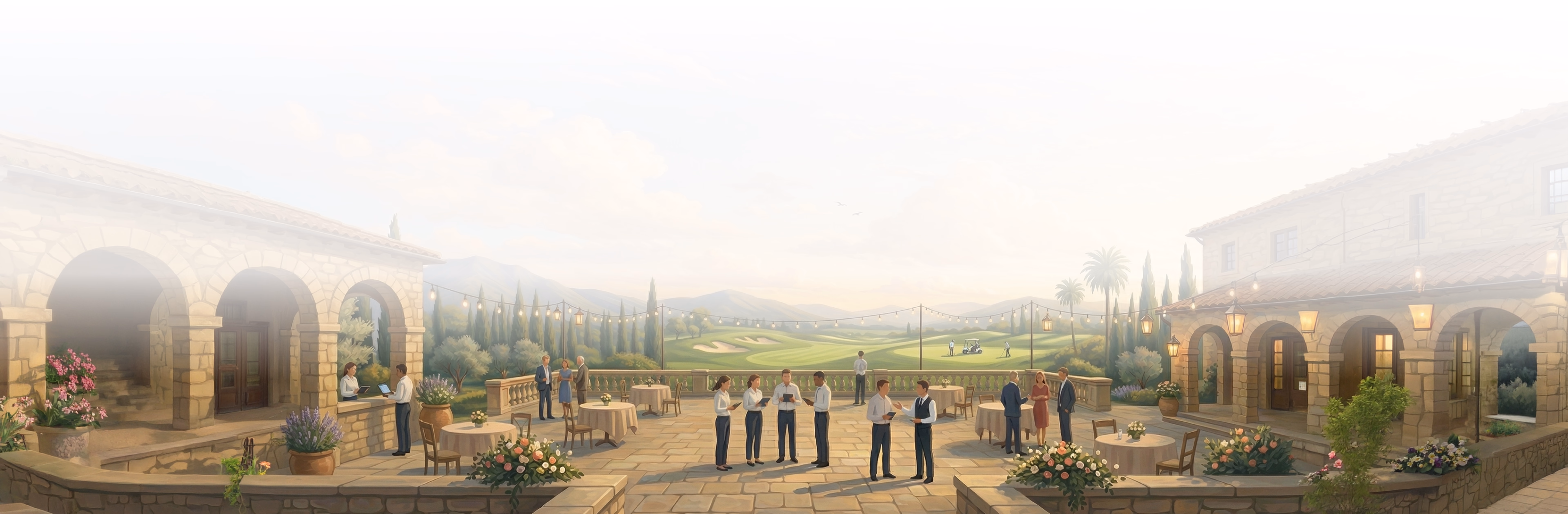 Architectural rendering of a sustainable community with arched structures, gardens, and people gathered in a green landscape