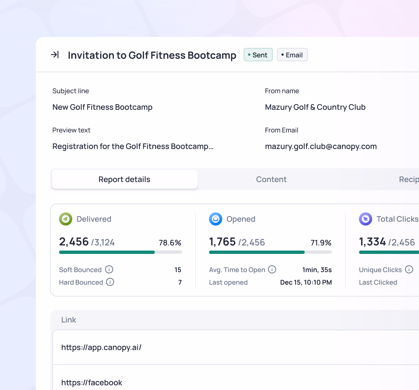 Email campaign analytics showing delivery, open, and click metrics for Golf Fitness Bootcamp invitation