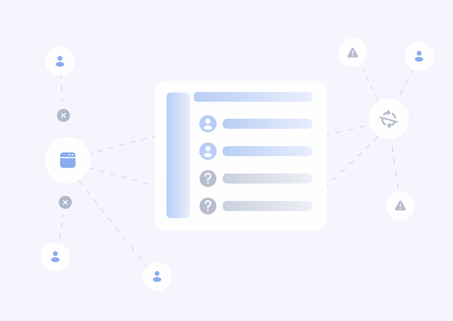 Network diagram with central document list connected to user, settings, and alert icons via dotted lines