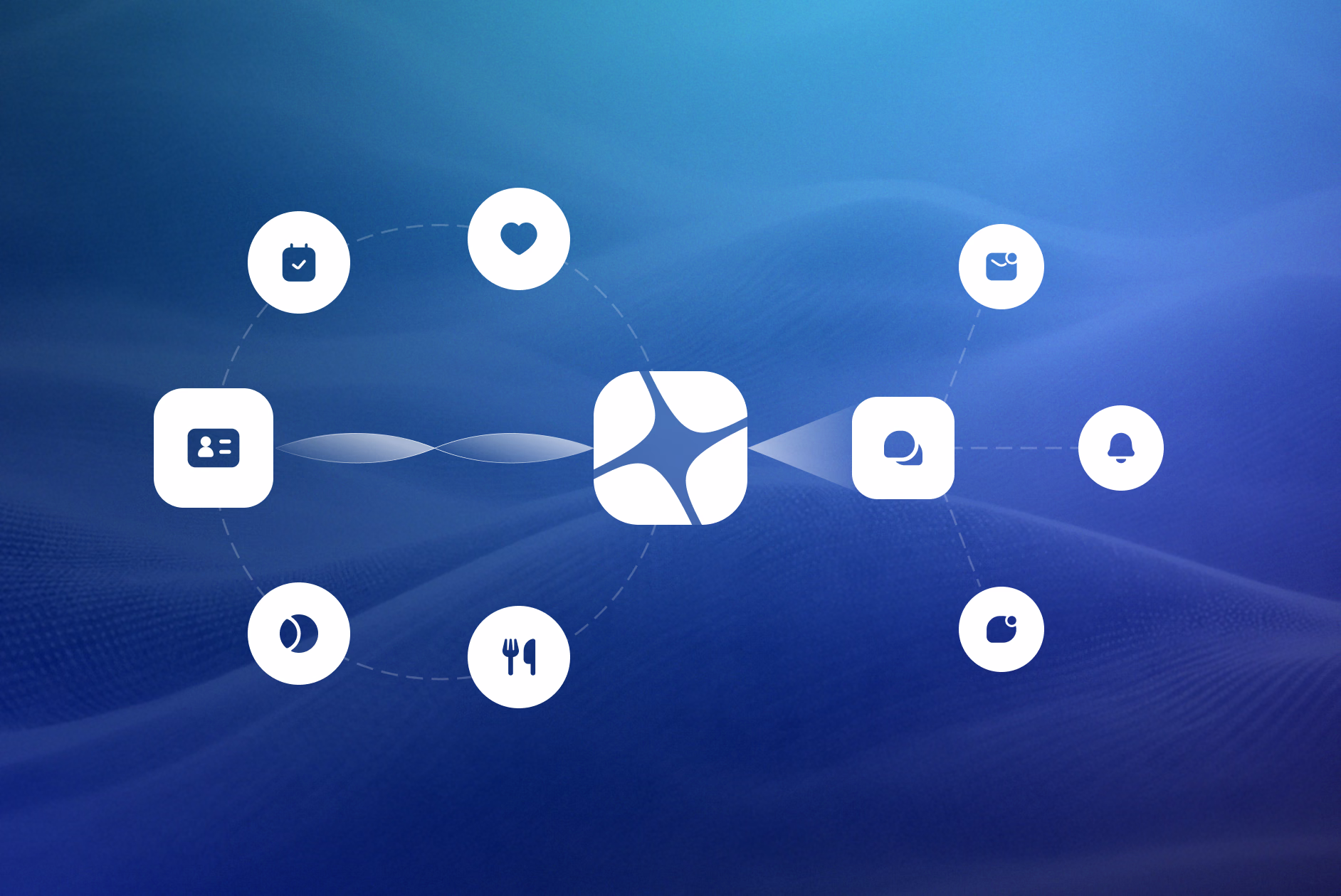 Interconnected network diagram with central hub connecting various communication and collaboration icons on blue gradient background