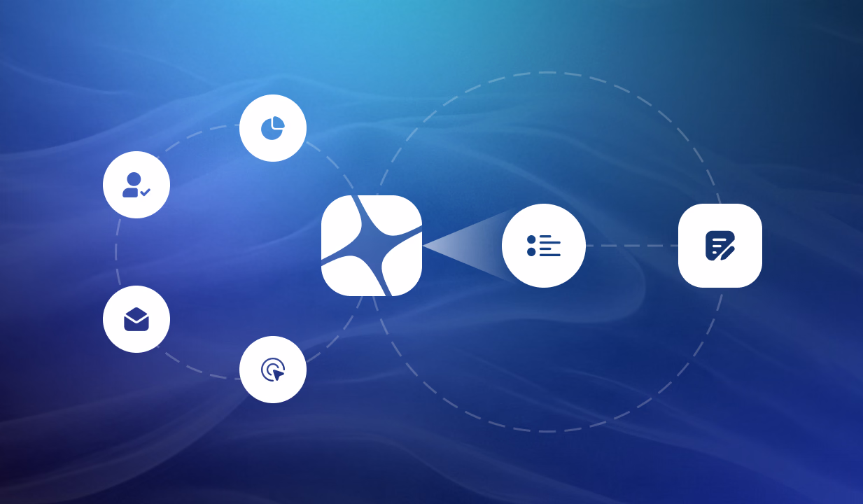 Network diagram showing a central star icon connected to user, settings, and document icons on a blue gradient background
