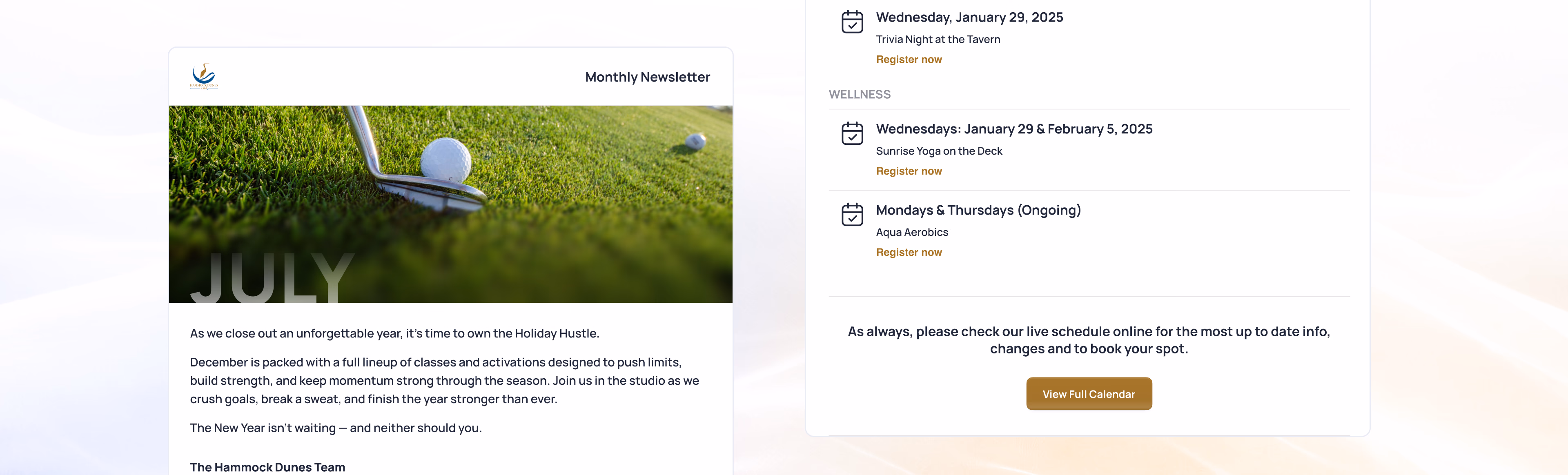 Golf ball on green grass next to a golf club with "Weekly Newsletter" text overlay