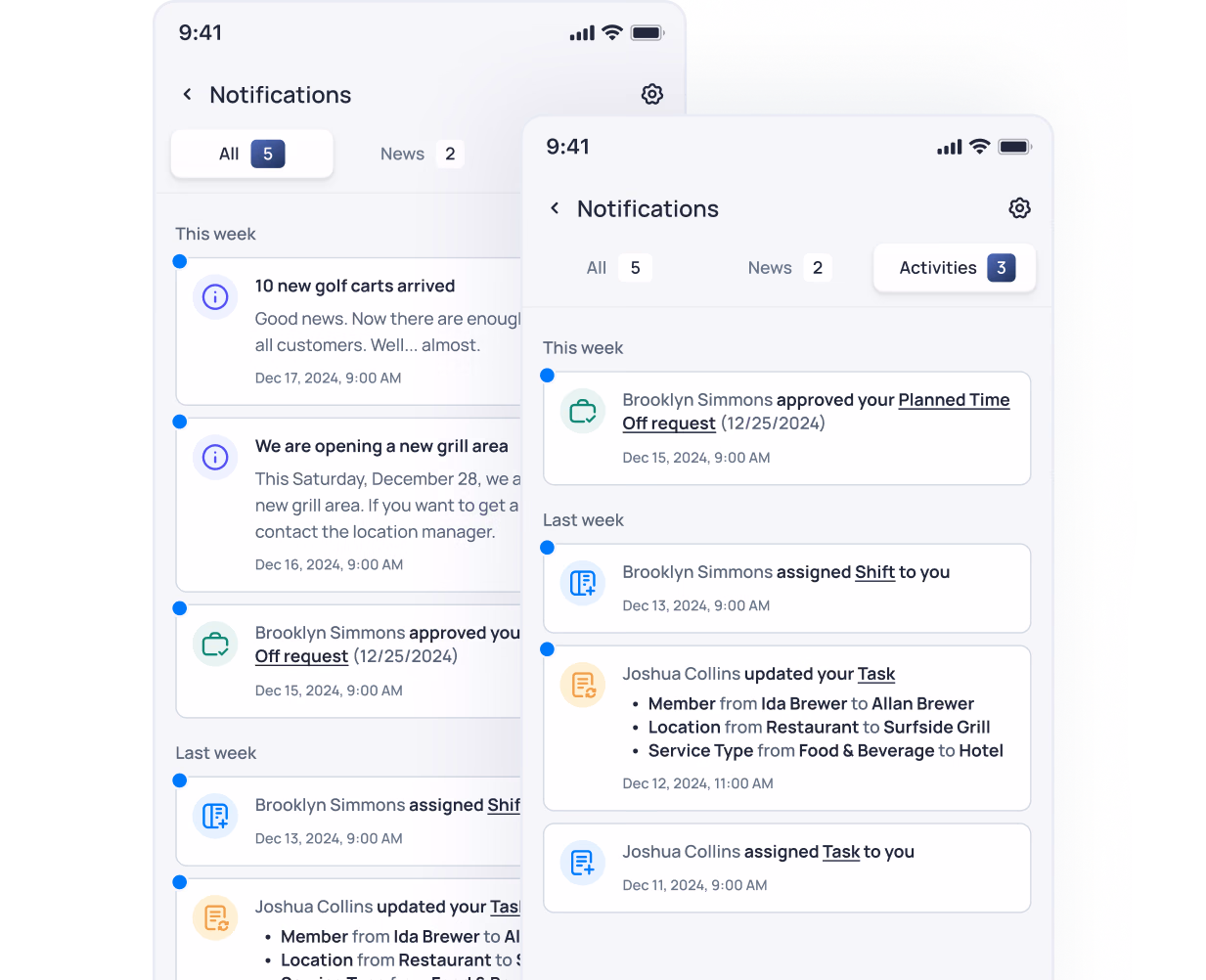 Mobile notification center showing app updates, shift assignments, and task notifications from team members dated December 2024