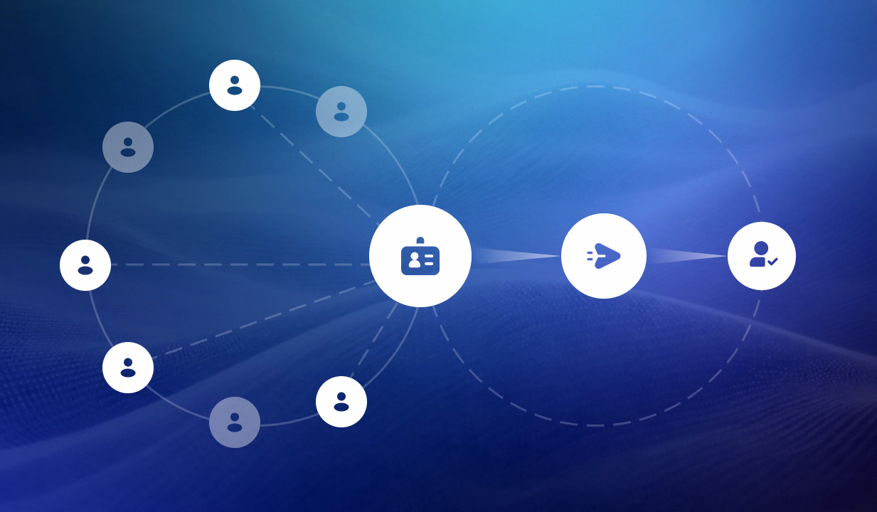 Network diagram showing interconnected user icons connected to central business and communication nodes on blue background