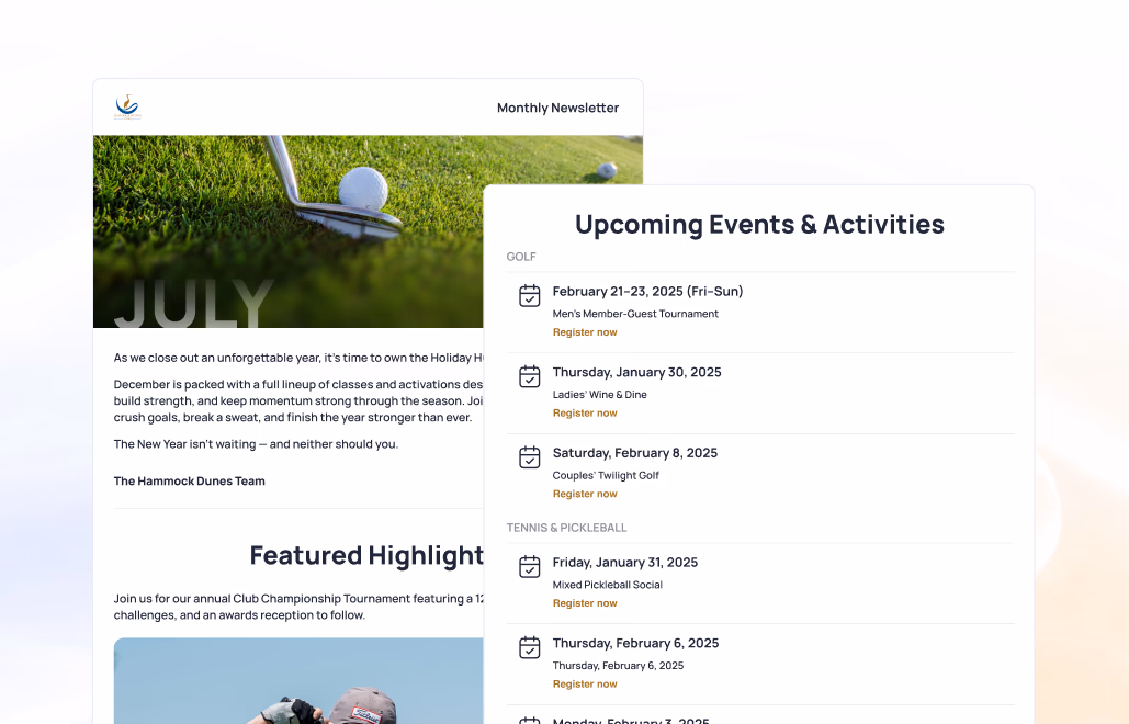 Golf club striking ball on grass with upcoming events and activities listed on right side