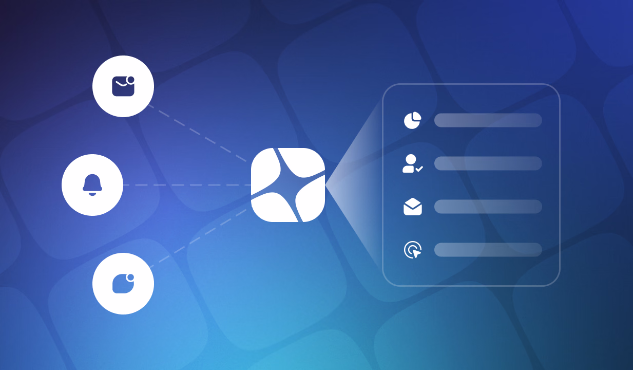 Connected user icons linking to a central network hub with a settings menu on a blue digital background