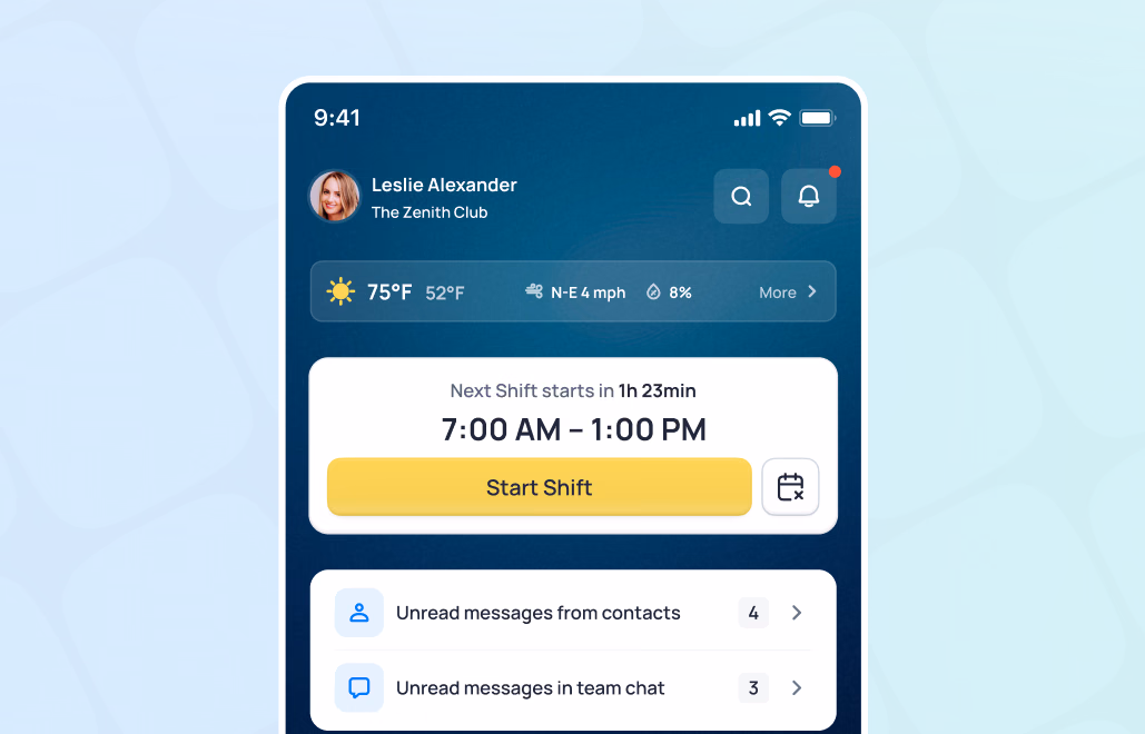 Mobile staff app showing Leslie Alexander's schedule with a shift starting in 25 minutes from 7:00 AM to 1:00 PM and unread messages