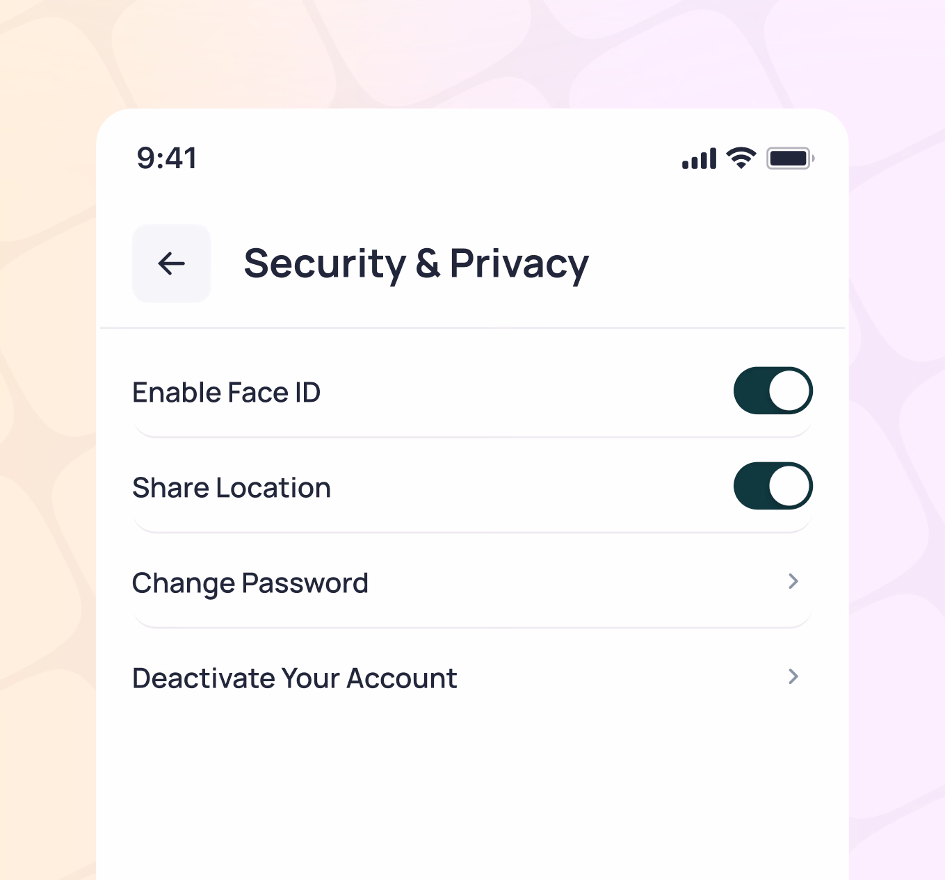 Security & Privacy settings menu with Face ID and location sharing toggles disabled, plus password and account options