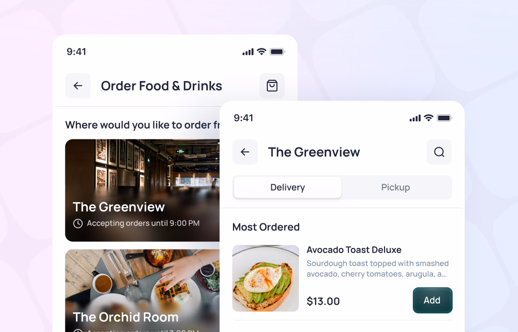 Food delivery app showing restaurant options and menu items with Avocado Toast Deluxe listed at $13.00