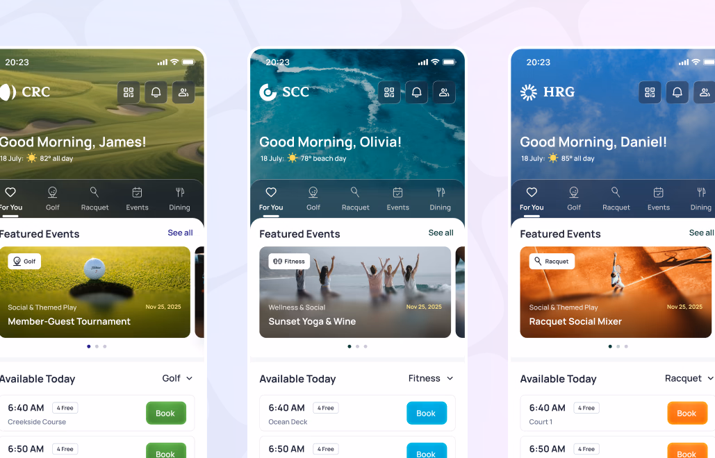 Three mobile app screens showing club booking interfaces with featured events and available time slots for golf, fitness, and racquet activities