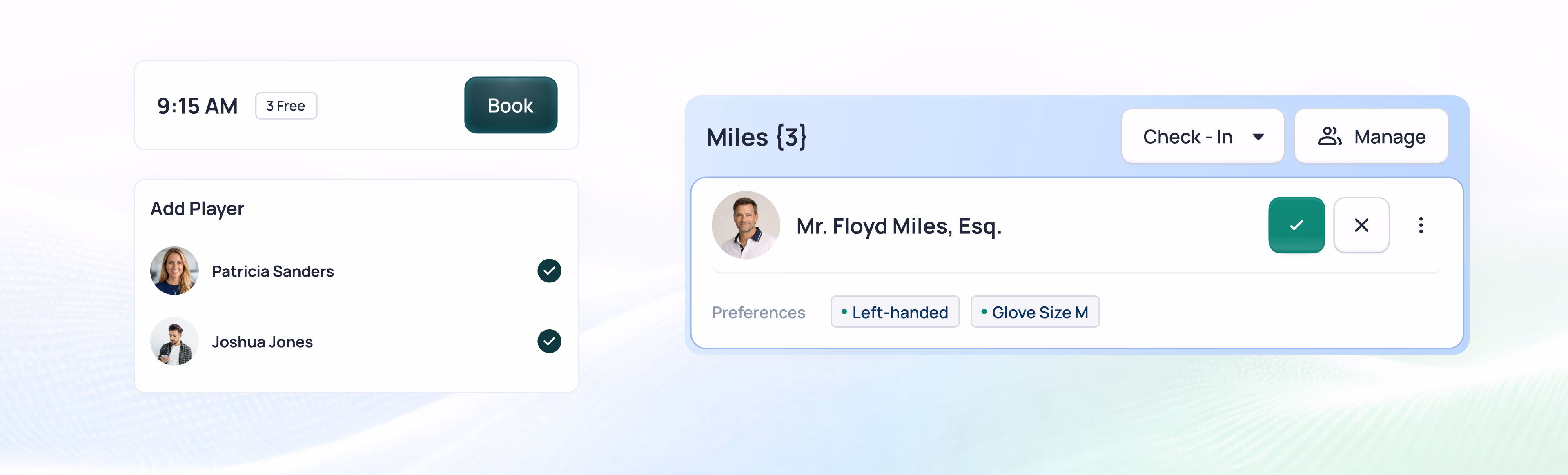 Canopy app interface showing member book assignment with Mr. Freyd Miles, Esq. selected and options to manage preferences and close date