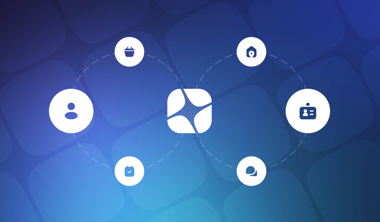 Connected network diagram with central hub icon surrounded by six user and service icons on blue background