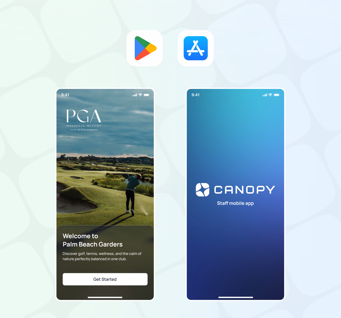Two mobile app screens displaying PGA golf course welcome and Canopy staff mobile app interfaces