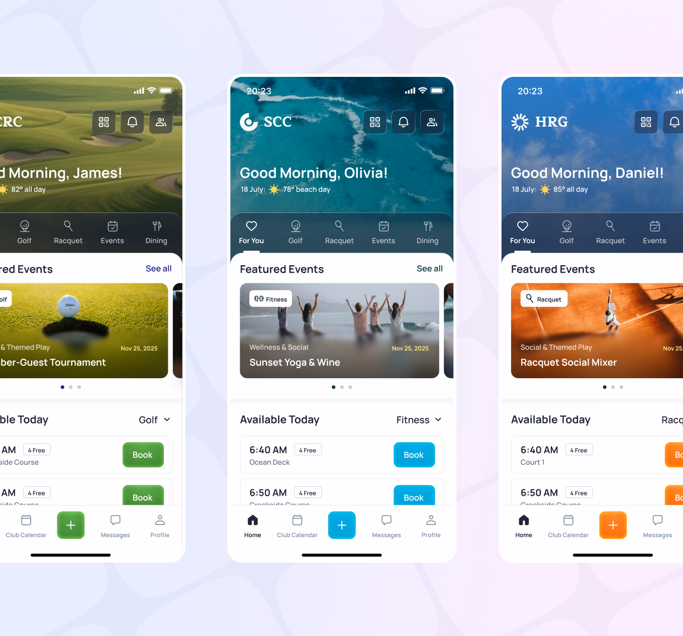 Three mobile app screens showing club booking interfaces with featured events and available activities for golf, fitness, and racing
