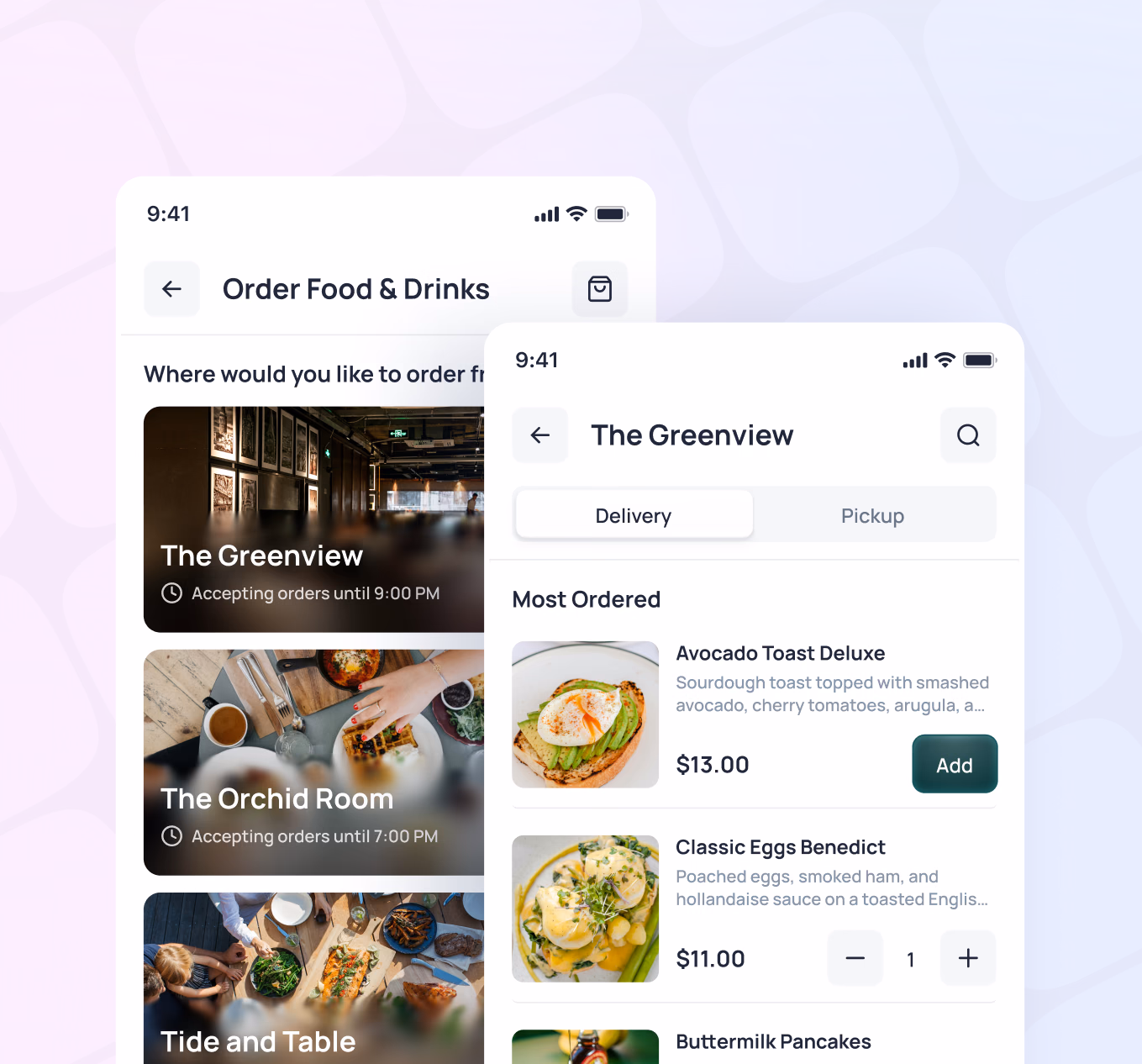 Food delivery app showing restaurant selection on left and menu items with prices on right, including Avocado Toast Deluxe for $13.00