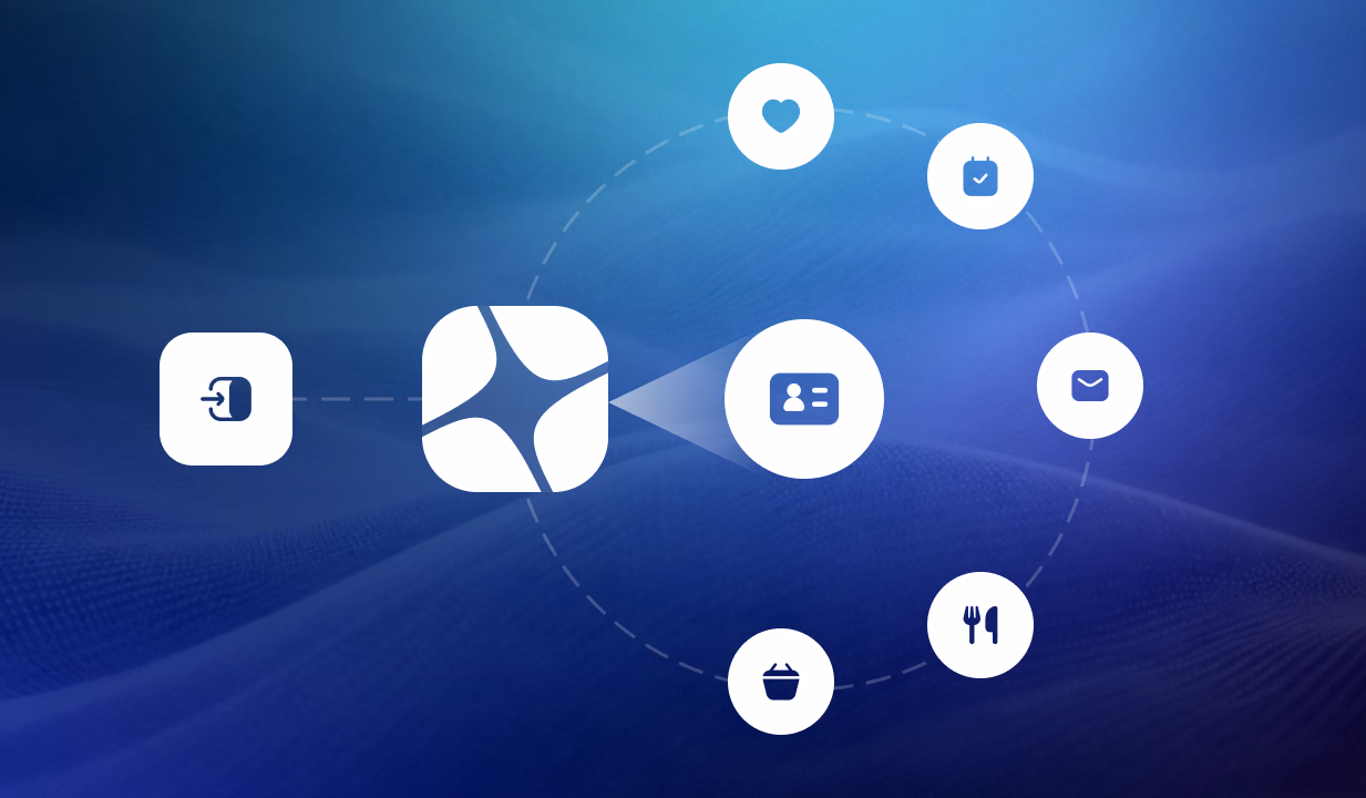 Connected network diagram showing various app icons linked to a central hub on a blue gradient background