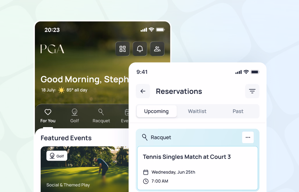 PGA member app showing reservations screen with upcoming Tennis Singles Match at Court 3 on Wednesday, Jan 25th at 7:00 AM