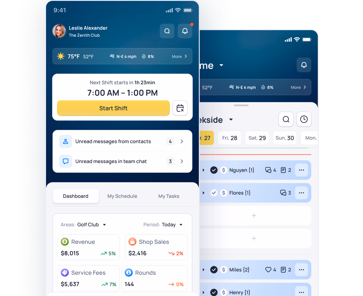 Mobile app dashboard showing shift schedule, messaging, and performance metrics for a golf club manager