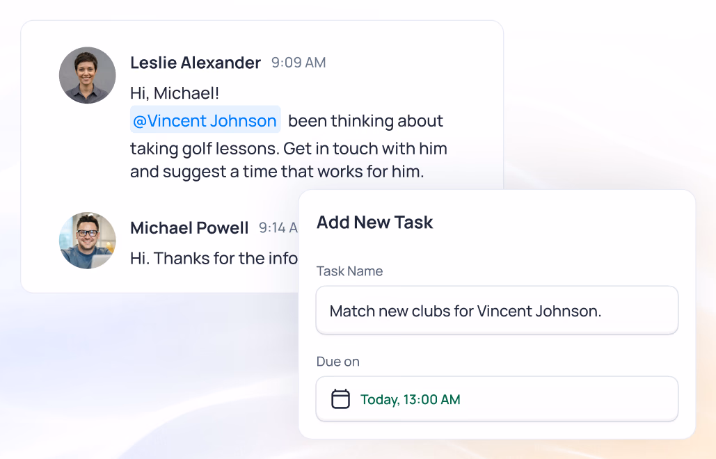 Chat conversation showing Leslie Alexander asking Michael Powell to contact Vincent Johnson about golf lessons, with an "Add New Task" dialog open