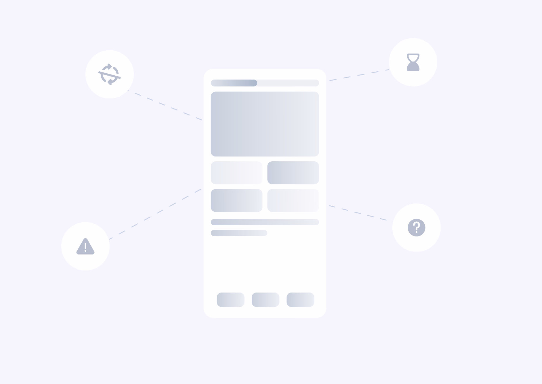 Wireframe of a mobile app interface with placeholder content and surrounding icons indicating features or settings