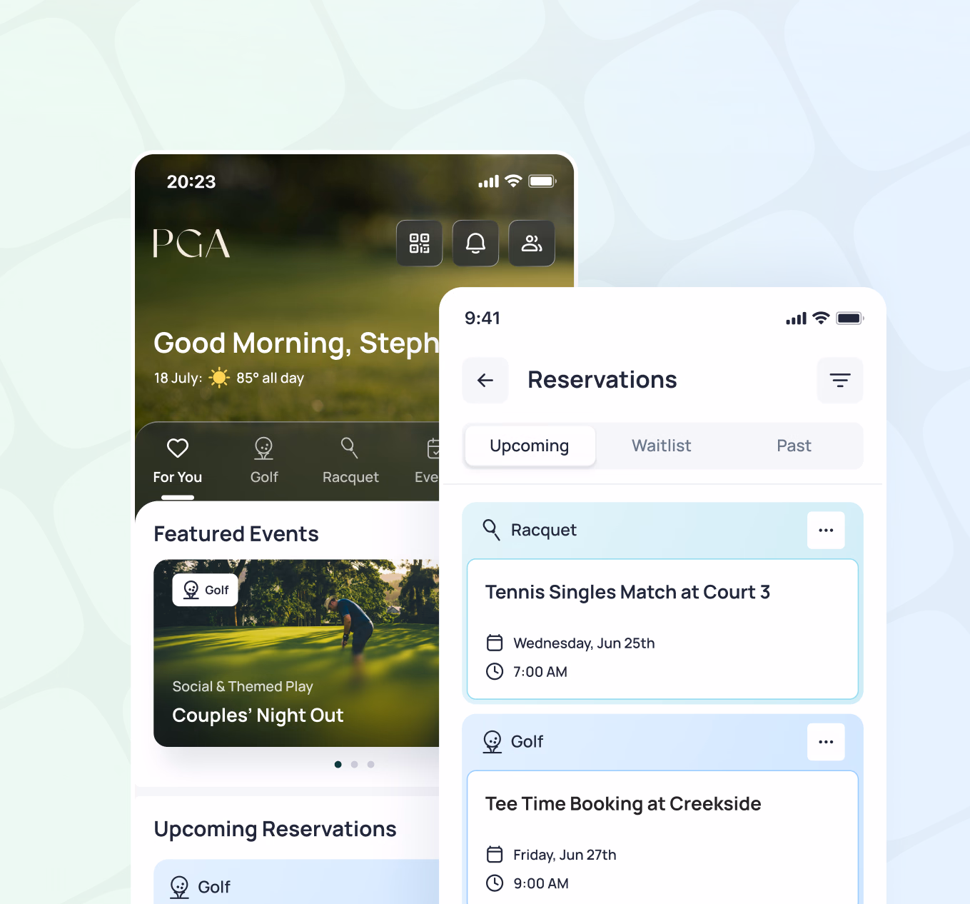 PGA member app showing reservations for racquet tennis match and golf tee time bookings
