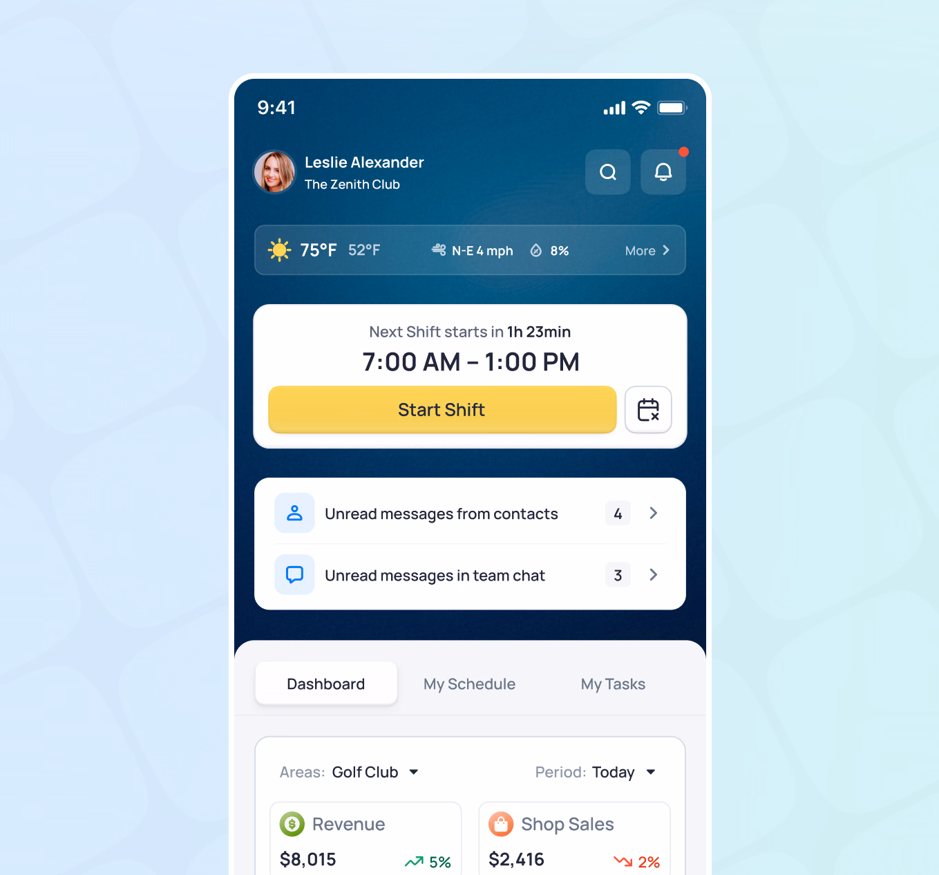 Mobile app dashboard for Leslie Alexander at The Zenith Club showing shift details, messages, and revenue metrics of $8,015