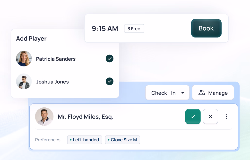 Golf booking interface showing 9:15 AM tee time with 3 players added: Patricia Sanders, Joshua Jones, and Mr. Floyd Miles, Esq