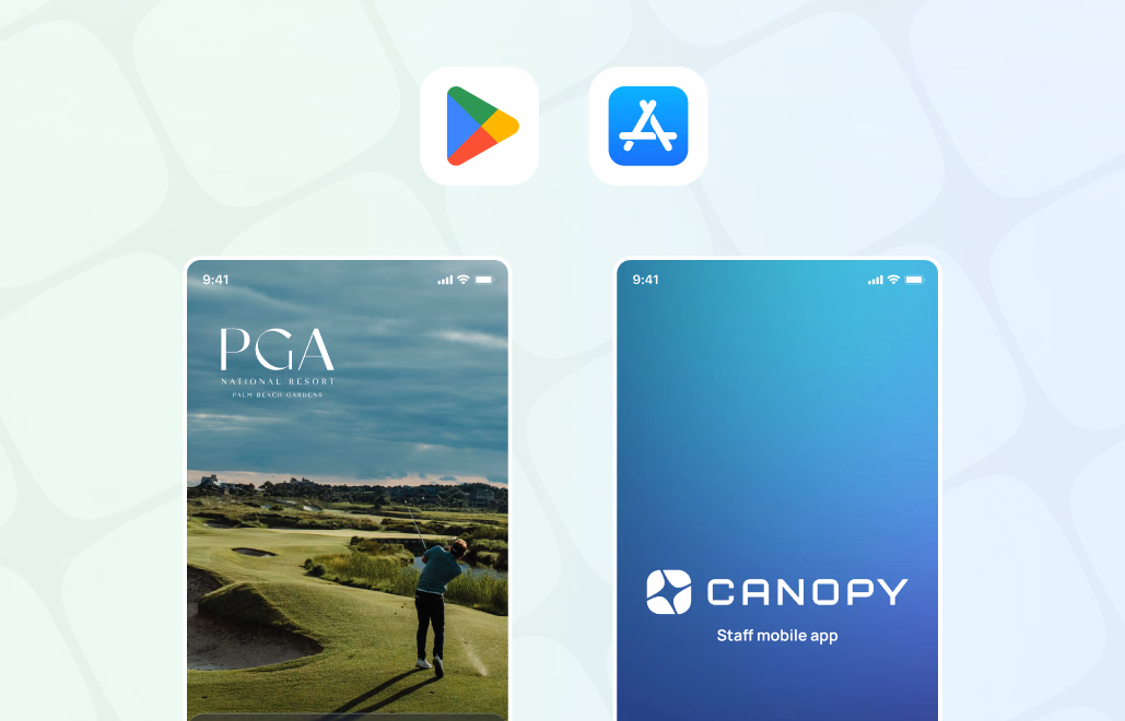 Google Play and App Store icons above two mobile app screens for PGA and CANOPY staff app