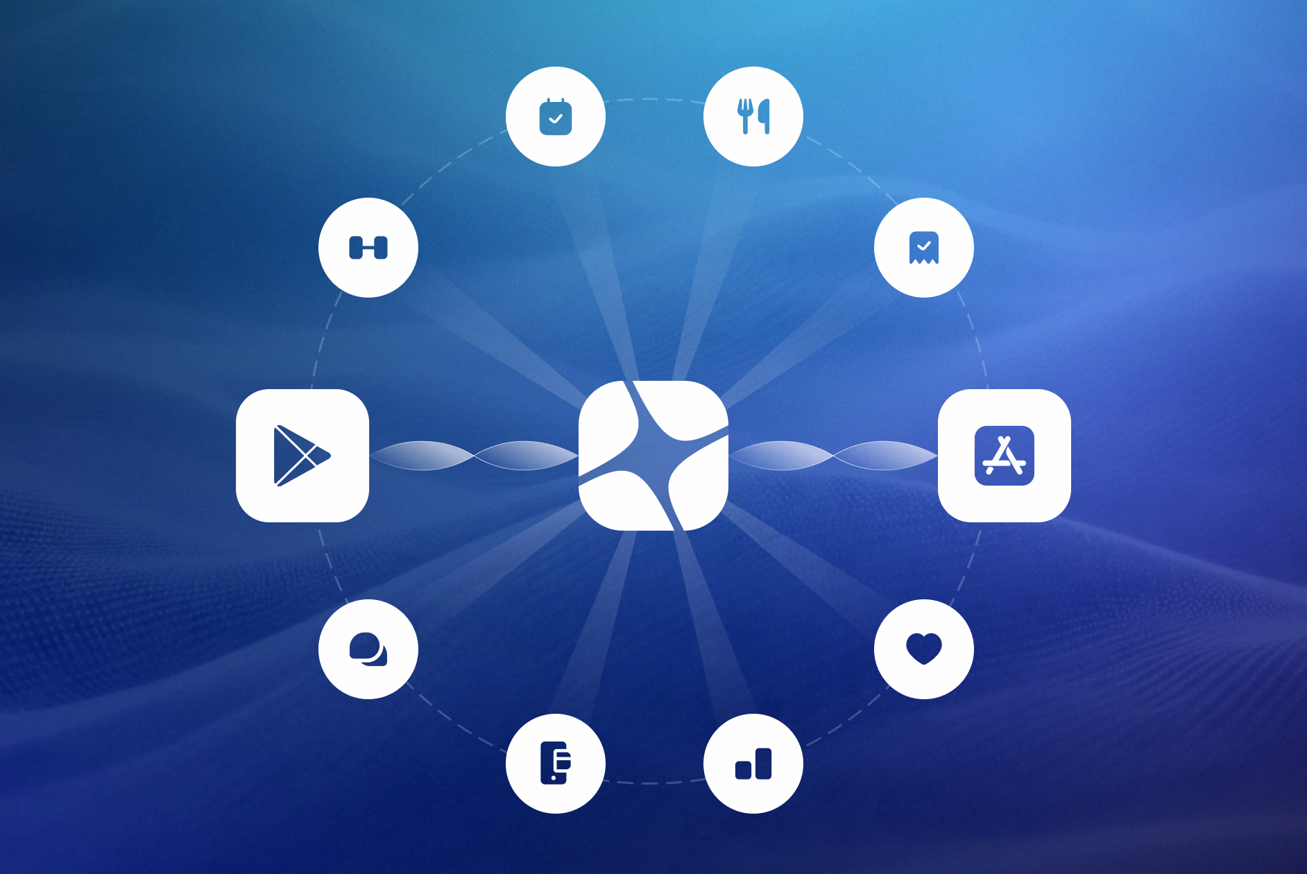 Circular diagram showing various app icons connected to a central hub on a blue gradient background