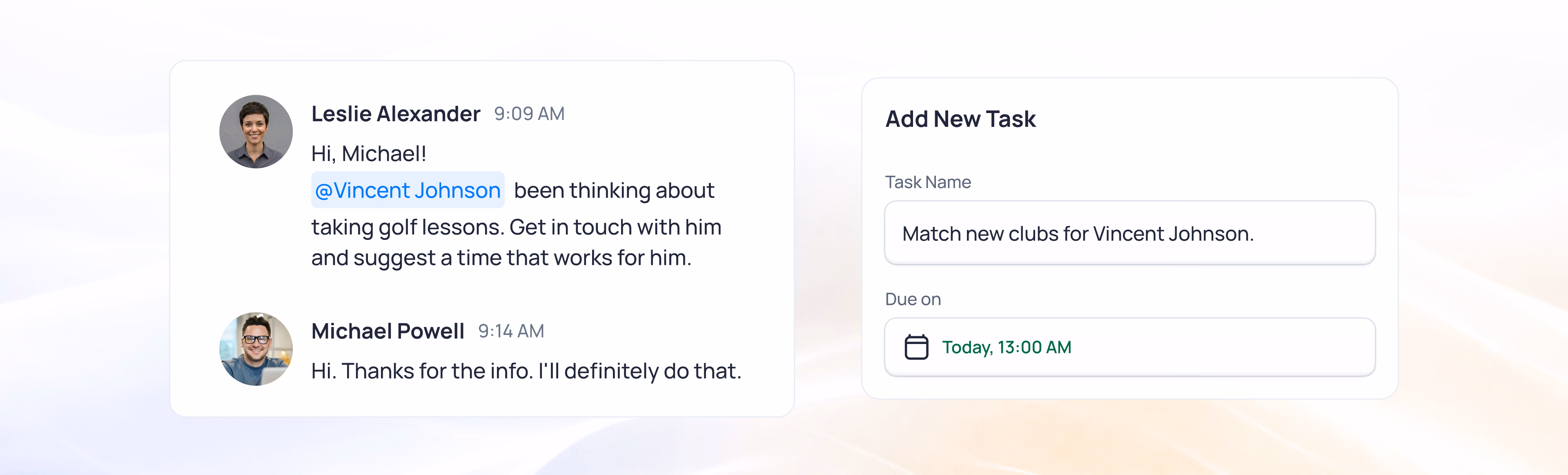 Chat conversation between Leslie Alexander and Michael Powell about golf lessons for Vincent Johnson, with an "Add New Task" panel on the right
