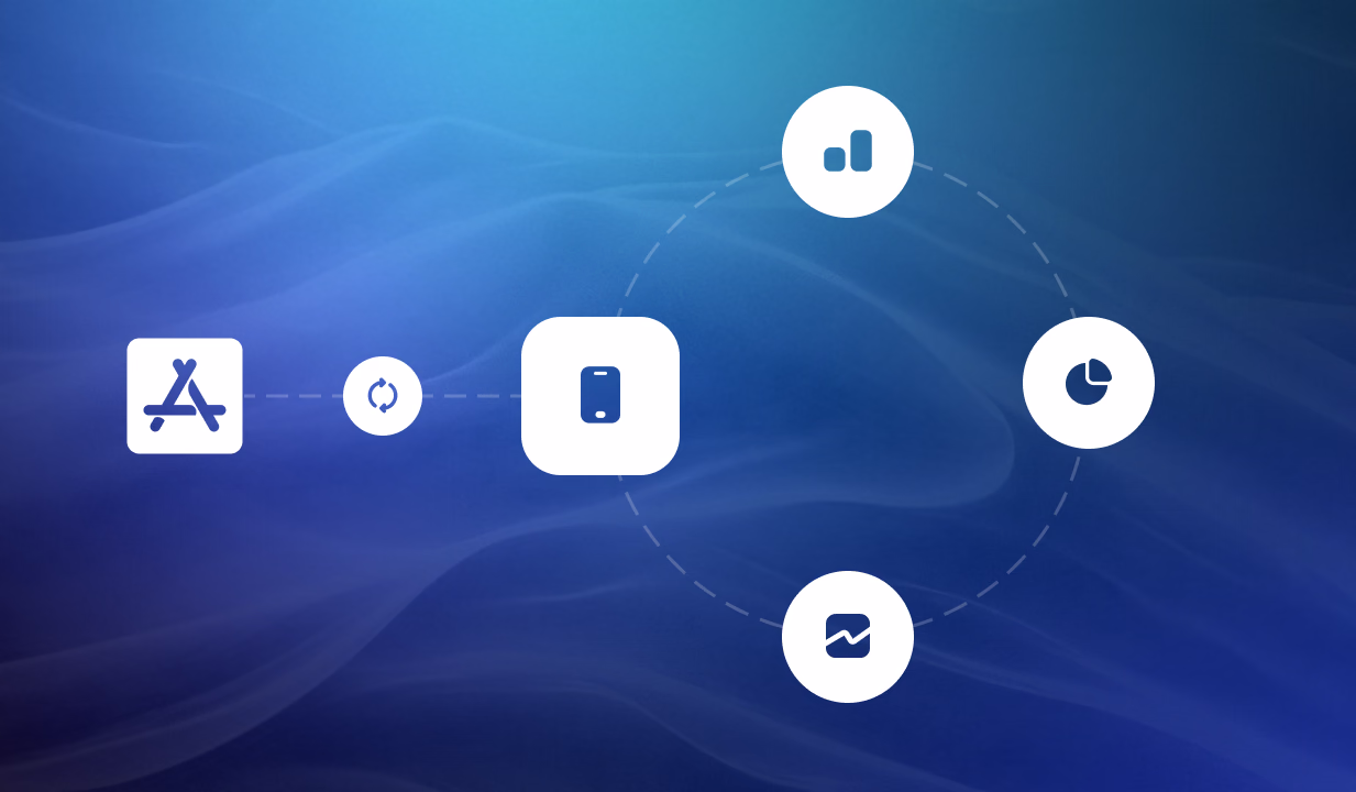 Connected analytics ecosystem showing App Store, clock, central dashboard, and data visualization icons on blue background