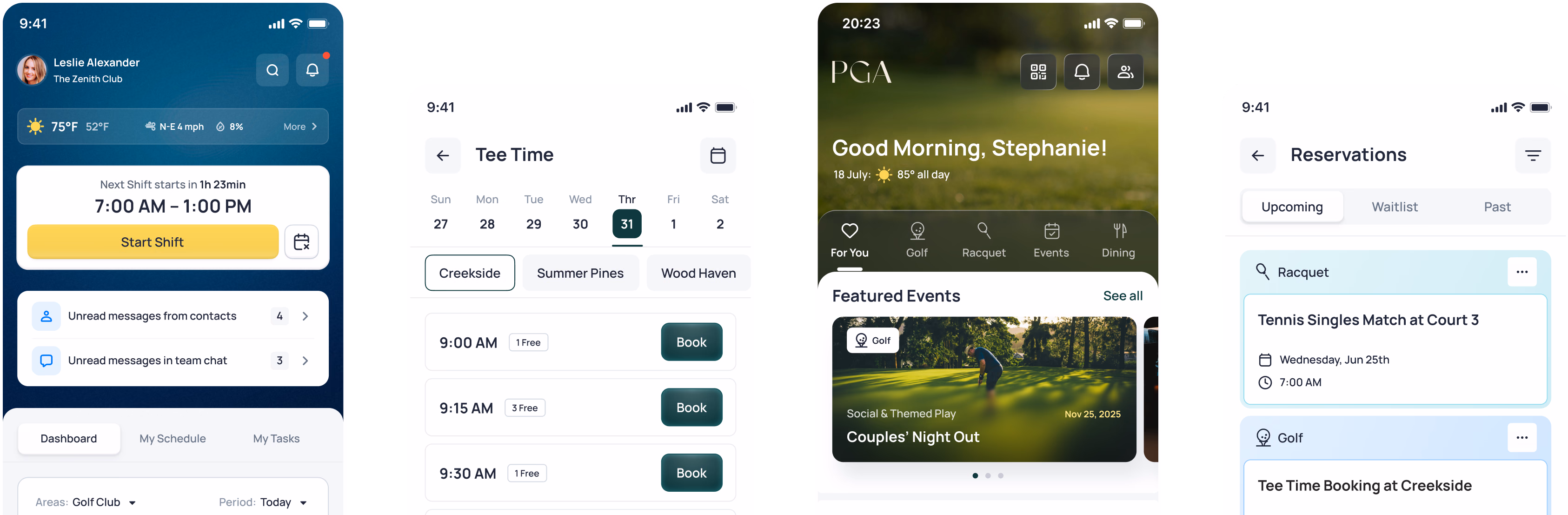 Four mobile app screens showing hotel booking features including time selection, good morning greeting, featured events, and reservations