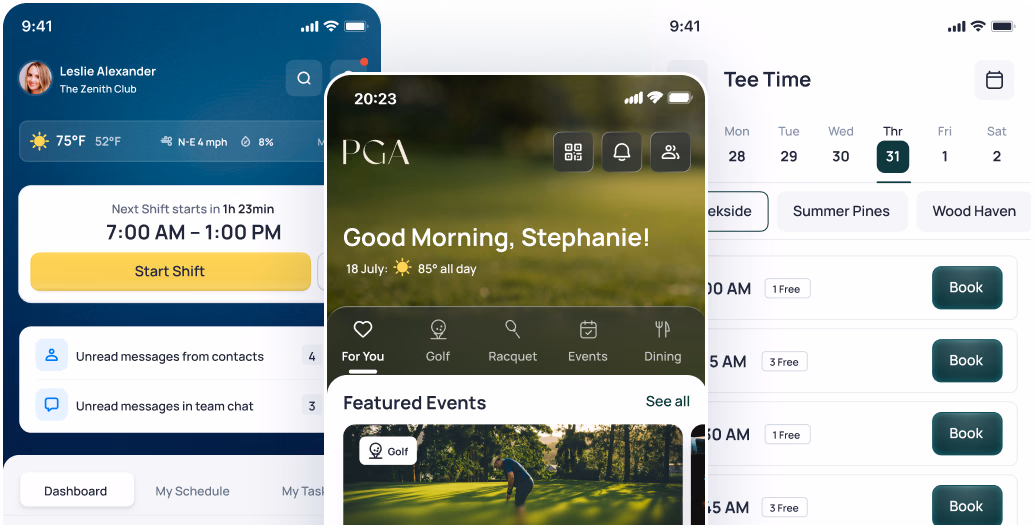 Golf app interface showing user profile, next tee time at 7:00 AM, messages, and featured events with course details