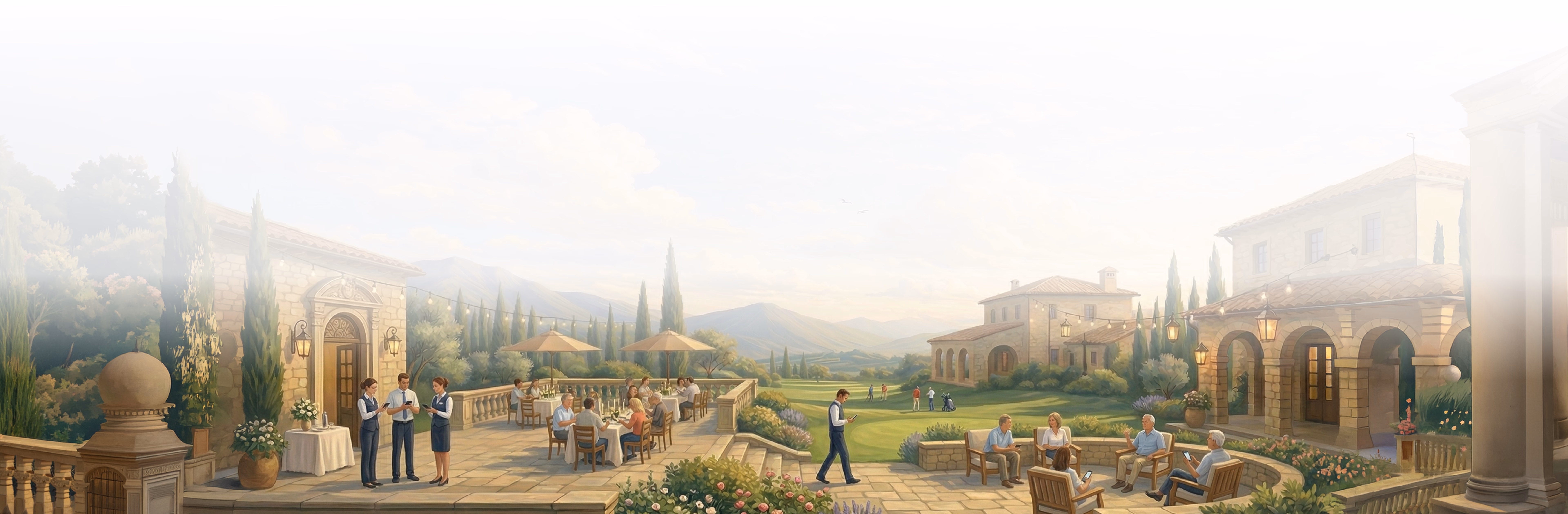 Architectural rendering of a classical estate with columned buildings, cypress trees, manicured gardens, and people walking through a sunlit landscape